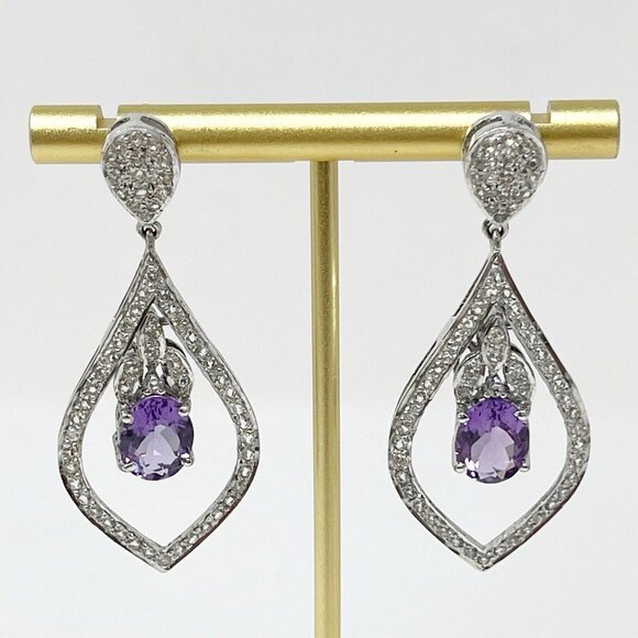 925 Sterling Silver Amethyst & Cubic Zirconia Drop Statement Pierced Earrings - Picture 2 of 8
